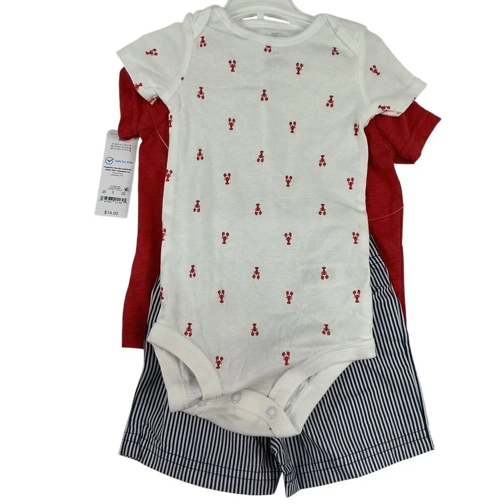 Carters Baby Boy 3 Piece Set Red Top Lobster Bodysuit Striped Shorts‎ 9M